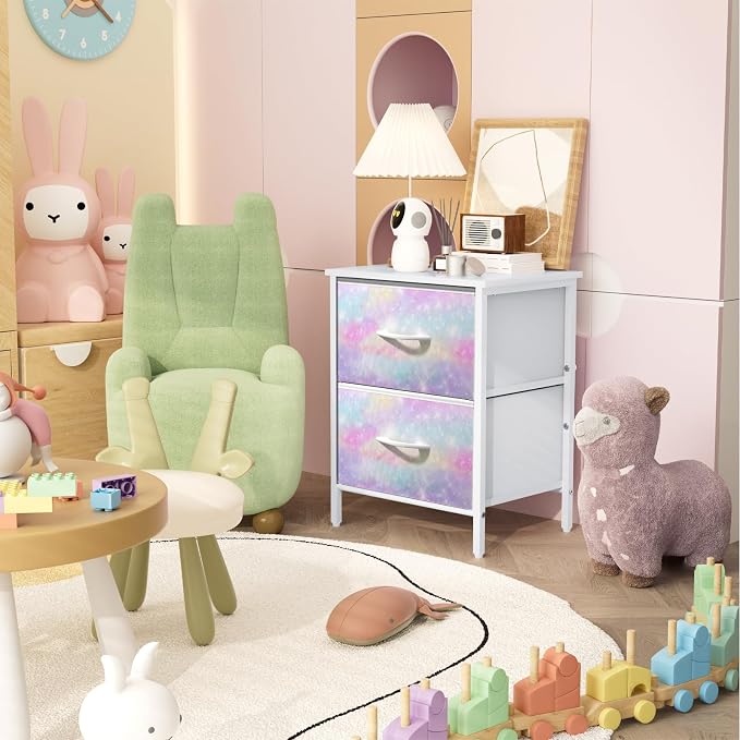 Stero Nightstand Set of 2, Kids Dresser with 2 Drawers, Steel Frame Bedside Furniture, Wood Top Fabric Night Stand, Colorful End Table for Home, Bedroom, Office, Tie-dye White