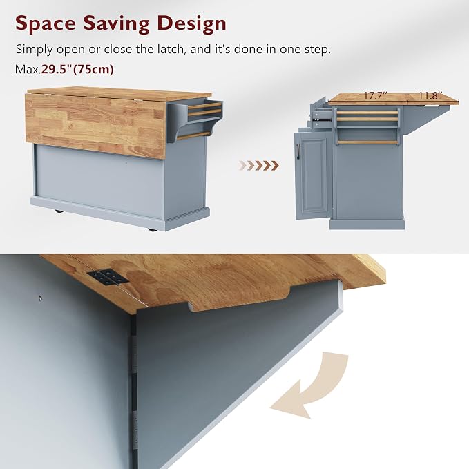 Large Kitchen Island with Rubber Wood Drop Leaf, Rolling Kitchen Cart with Ample Storage on Wheels with Doors and Drawers, Embossed Texture for Dining Room (54Inch, Grey, Silver Handle)