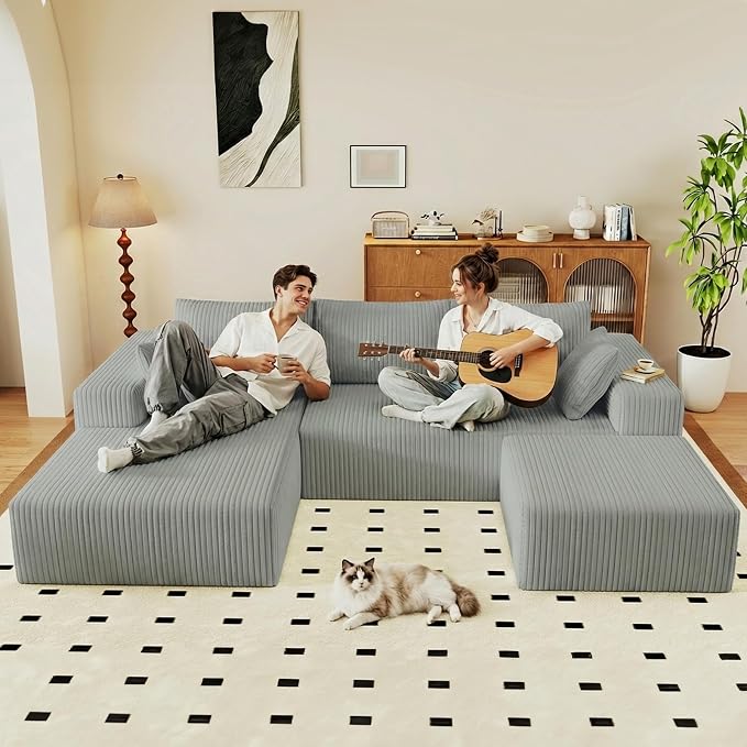 95" Cloud Sectional Couch U-Shaped Chaise with Ottoman, Corduroy Boneless Couch for Living Room Bedroom, Deep-Seat Upholstered Modular Cloud Sofa, No Assembly Required (Light Grey, Left Facing Chaise)
