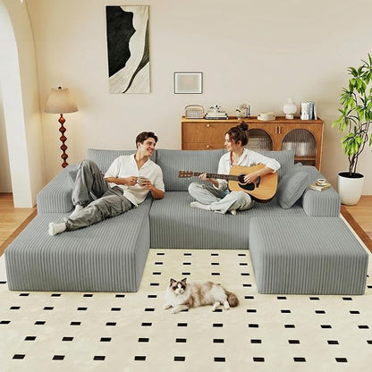 95" Cloud Sectional Couch U-Shaped Chaise with Ottoman, Corduroy Boneless Couch for Living Room Bedroom, Deep-Seat Upholstered Modular Cloud Sofa, No Assembly Required (Light Grey, Left Facing Chaise)