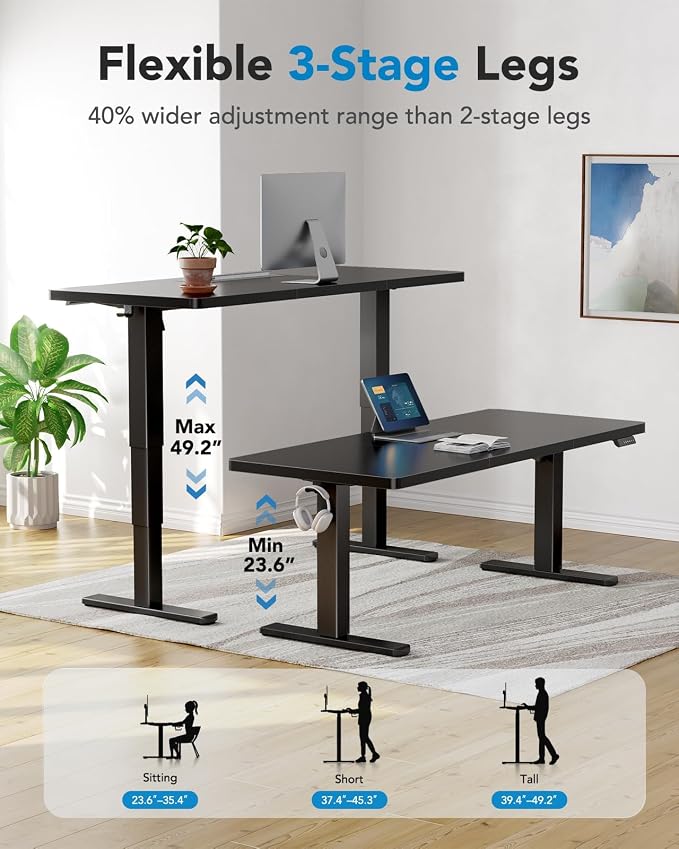 HUANUO 70x30 Inch 3-Stage Legs Electric Standing Desk, Large Height Adjustable Office Desk with Brushless Motor, Stand Up Desk with 4 Memory Presets & 2 Hooks, Computer Desk for Home Office, Black