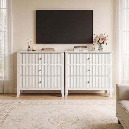 RoyalCraft Large 3 Drawer Dresser Set of 2, Fluted Wood Chest of Drawers with Storage, Modern Painted 30 inch Wide Nightstand for Bedroom Living Room Entryway, White