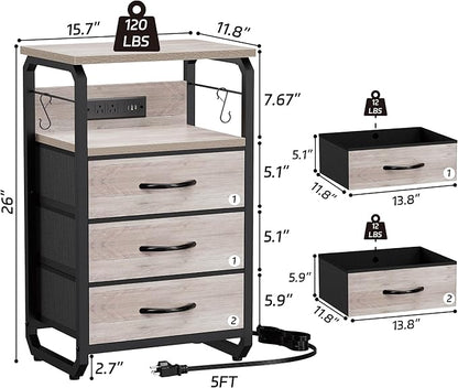 runjuly Bed Side Table with 3 Fabric Drawers, Night Stand with Charging Station, LED Nightstand with Hooks, Bedside Table End Tables with Storage, Night Tables for Bedroom (Beige)