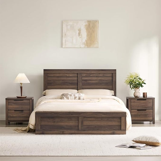 KISLOT 3 Pieces Bedroom Set, Queen Size Wood Platform Bed Frame and 2 Nightstands, Storage Nightstand with Type-C Charging Port, Farmhouse Bedroom Furniture Set