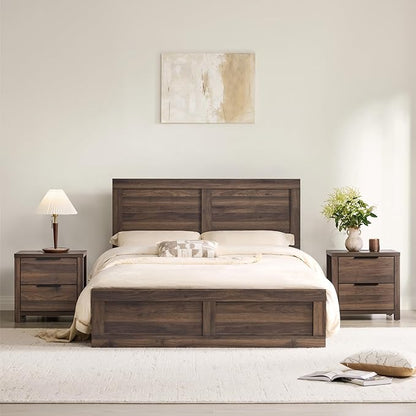 KISLOT 3 Pieces Bedroom Set, Wood Bed Frame with Upholstered Headboard & 2 Nightstands with Storage, Wooden Platform Mattress Foundation Farmhouse Bedroom Furniture Set