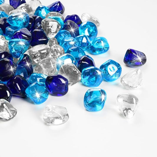 Blended Fire Glass Diamonds for Propane Fire Pit, Fireplace, and Outdoor Decoration,1 Inch Fire Pit Glass Rocks 10-Pound (Crystal Clear+Cobalt Blue+Caribbean Blue)