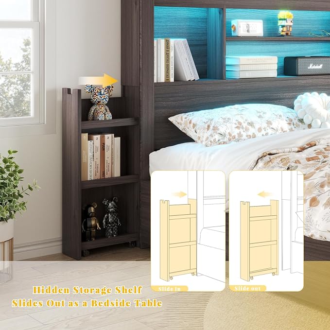 LUXOAK King Bed Frame with 49.6" Bookcase Headboard & 2 Bedside Stoage Racks & 4 Drawers, Farmhouse Wood Bed Frame with RGB LED & Charging Station, No Box Spring Needed, Black