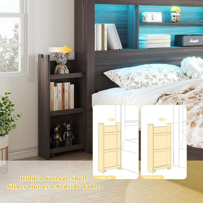 LUXOAK King Bed Frame with 49.6" Bookcase Headboard & 2 Bedside Stoage Racks & 4 Drawers, Farmhouse Wood Bed Frame with RGB LED & Charging Station, No Box Spring Needed, Black