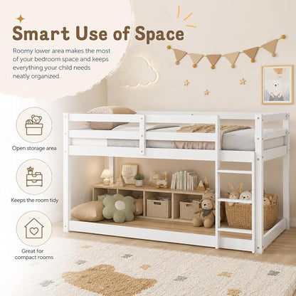 Twin Over Twin Bunk Bed, Low Profile Wooden Frame for Kids Bedroom, Floor Bunk with Ladder and Guardrails, Rubber Wood Construction, 13 Plywood Slats, No Box Spring Needed (White)
