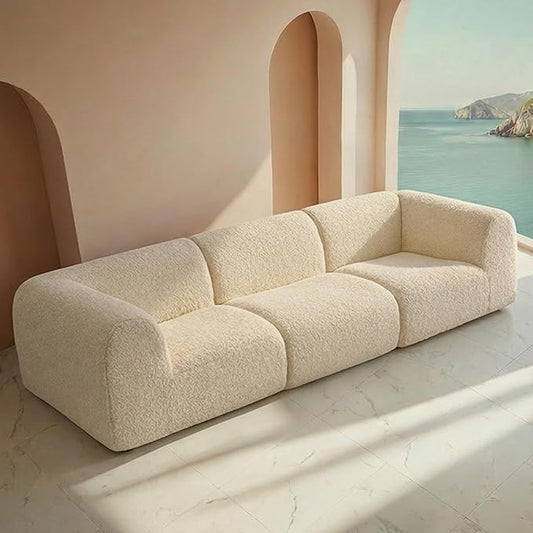 Vothio Curved Sectional Modular Couch with Chaise, Modern 110.24'' Boneless Sofa with Deep Seat, Sherpa Boucle Cloud Couch for Living Room, Cozy Teddy 3 Seater Couches，No Assembly, White
