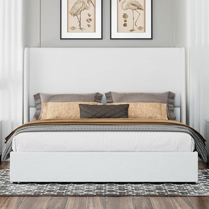 Jocisland Queen Size Bed Frame Lift Up Storage Bed Linen Upholstered Bed Frame with Hydraulic Storage/Wingback Headboard/No Box Spring Needed/White
