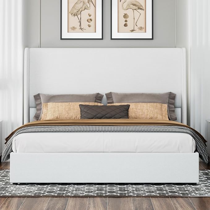Jocisland King Size Bed Frame with Storage - Upholstered Lift Platform Bed, Wingback Headboard, Hydraulic System, No Box Spring Needed, Wood Slats Support, White