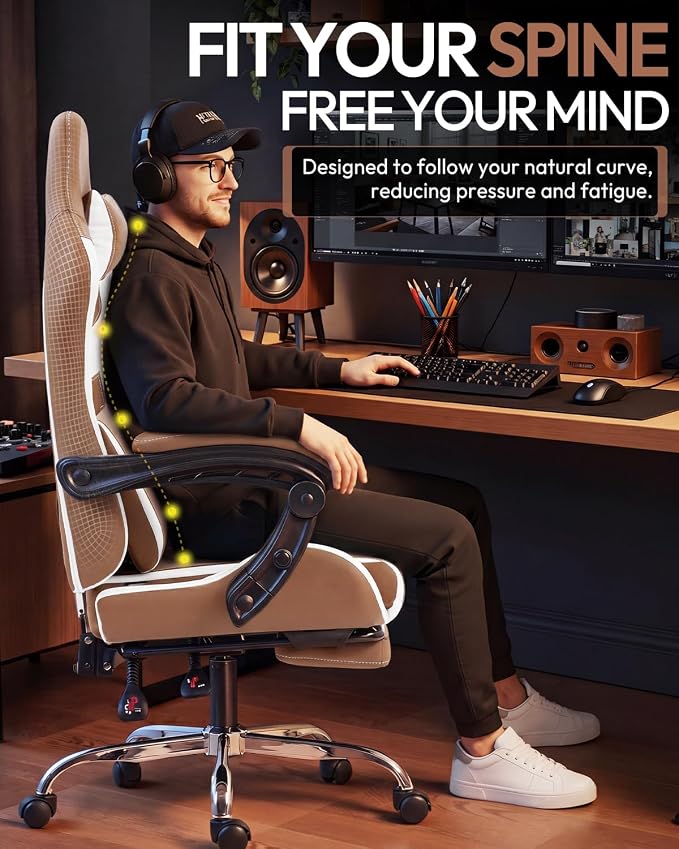Dowinx Ergonomic Gaming Chair with Footrest & Massage Lumbar, 2D-Linkage Armrests for Computer Chair 330lbs with Headrest Pillow for Office, Home, Streaming and Long Gaming Sessions, Fabric Brown