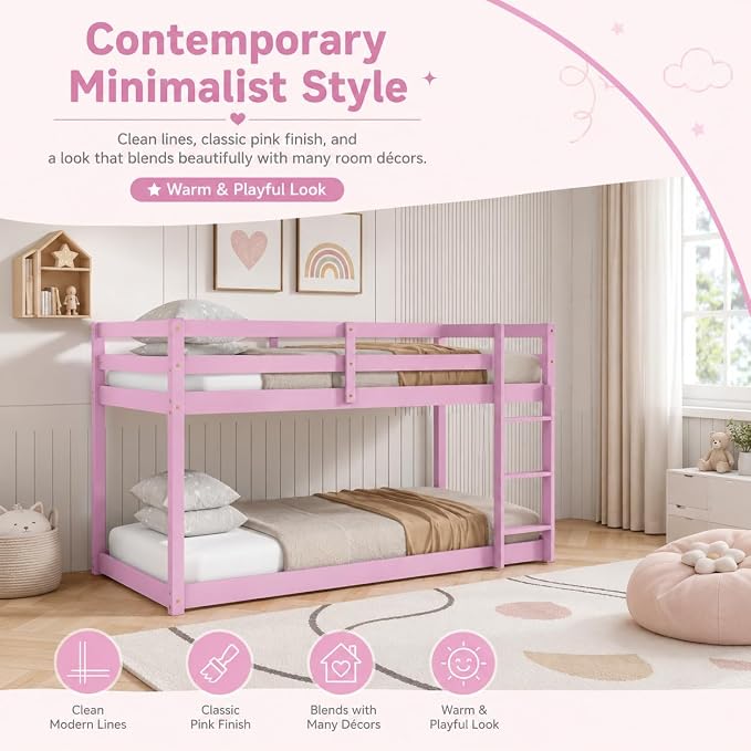 Twin Over Twin Bunk Bed, Low Profile Wooden Frame for Kids Bedroom, Floor Bunk with Ladder and Guardrails, Rubber Wood Construction, 13 Plywood Slats, No Box Spring Needed (Pink)