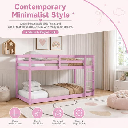 Twin Over Twin Bunk Bed, Low Profile Wooden Frame for Kids Bedroom, Floor Bunk with Ladder and Guardrails, Rubber Wood Construction, 13 Plywood Slats, No Box Spring Needed (Pink)