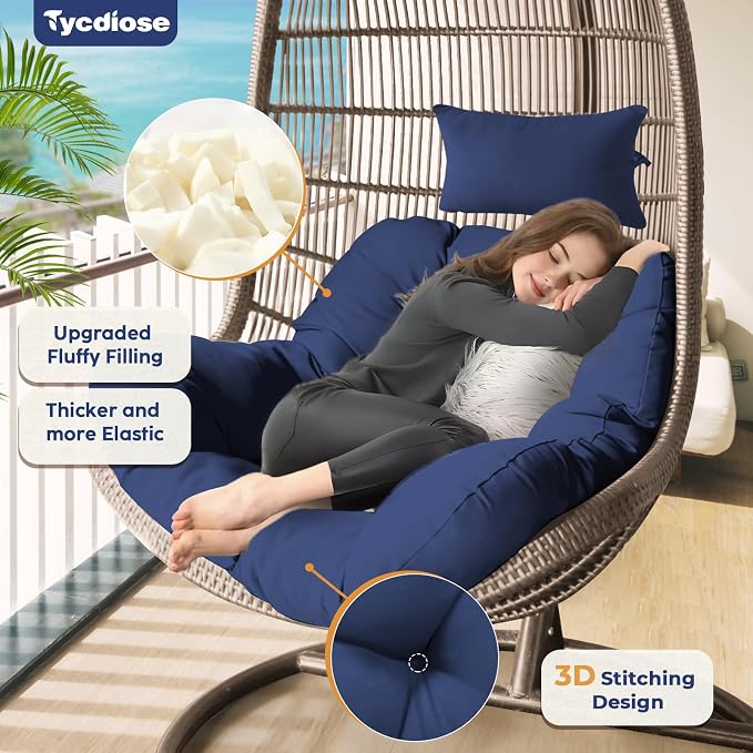 Outdoor Hanging Egg Chair Cushion Replacement, Thicken Egg Chair Cushion Waterproof Basket Eggs Chairs Cushion with Headrest Pillow, U-Shaped Cushions for Hanging Eggs Chairs Swing (Blue)