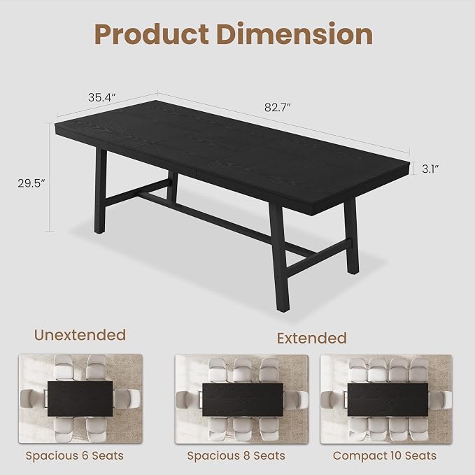 GarveeHome 63-83" Extendable Dining Table, Industrial Rectangular Dining Room Table for 6-8 People, Expandable Kitchen Table with Heavy Duty Metal Frame for Dining Room, Kitchen & Parties, Black