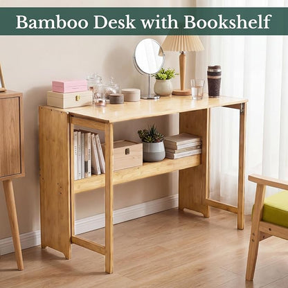 41'' Bamboo Folding Desk with Bookshelf, Space-Saving Computer Desk, Mid Century Modern Foldable Study Table for Home Office, Bedroom, Small Spaces - Primary Color