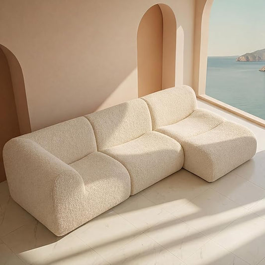 Curved Sectional Modular Couch with Chaise, Modern 105.91'' Boneless Sofa with Deep Seat, Sherpa Boucle Cloud Couch for Living Room, Cozy Teddy L-Shaped Couches, No Assembly, White