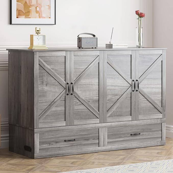 ijuicy Queen Murphy Cabinet Bed, Storage & Charge, No Mattress, Grey | Queen Murphy Bed Built-in multifunctional charging station & storage drawers, space-saving foldaway design for guest room.