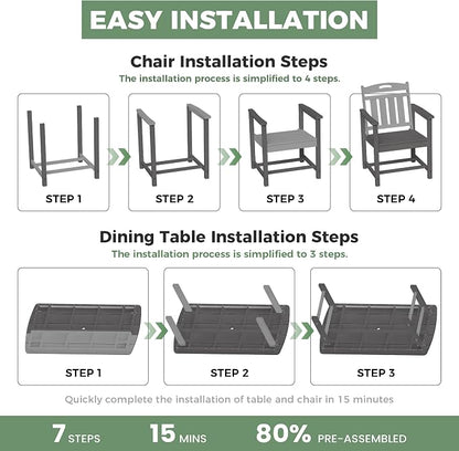 HDPE Outdoor Patio Dining Set with Table & 4 Chairs, All-Weather 5-Piece Outdoor Table and Chairs, 2" Umbrella Hole, Patio Furniture for Garden, Backyard, Deck | Grey