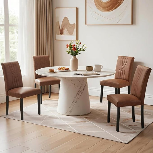 VECELO Upholstered Dining Chairs Set of 4, Modern PU Leather High Back Chairs with Solid Wood Legs for Kitchen and Living Room, Brown