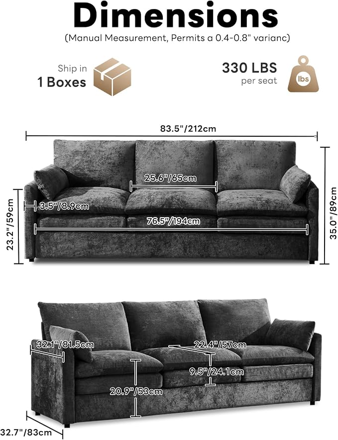 Iroomy 83" Chenille Cloud Couch, Modern Sofa 3 Seater, Comfy Plush Thick Cushions, Pocket Springs, Cloud-Like Comfort Sofas for Small Living Room Apartment, Dark Gray | 9.5" Thick Cushions