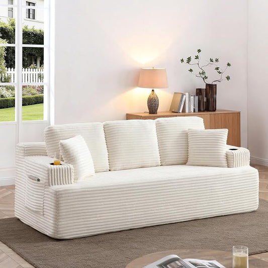 86.2'' Boneless Sofa Couch with Cup Holders & Side Pockets, Modern Corduroy Fabric Upholstered 3-seat Couch with 2 Throw Pillows for Living Room, Office, No Assembly (Beige)