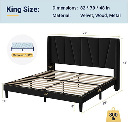 Allewie King Size Platform Velvet Bed Frame with Geometric Wingback Headboard, Boho Upholstered Bed with Wooden Slats Support, No Box Spring Needed, Easy Assembly, Black