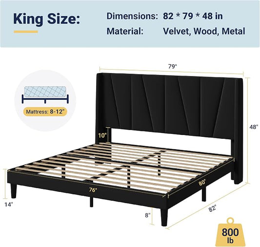 Allewie King Size Platform Velvet Bed Frame with Geometric Wingback Headboard, Boho Upholstered Bed with Wooden Slats Support, No Box Spring Needed, Easy Assembly, Black