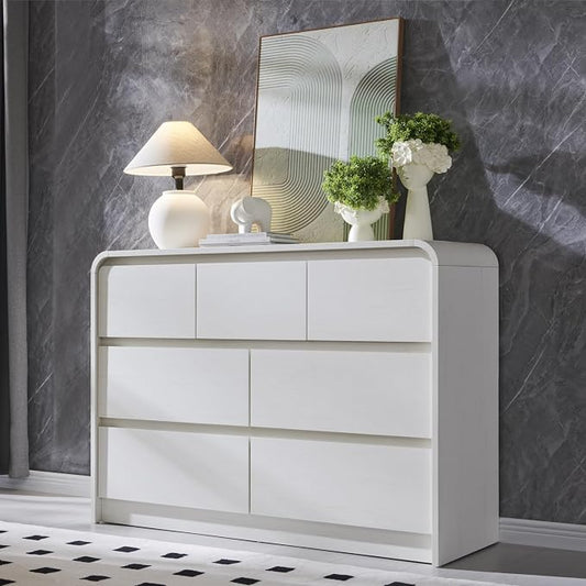 Aitjunz Modern 7 Drawers Dresser for Bedroom, 47" Wide Wood Dressers & Chests of Drawers w/Curved Profile Design, Mid Century Modern Dresser w/Natural Texture for Bedroom, Living Room,Antique White