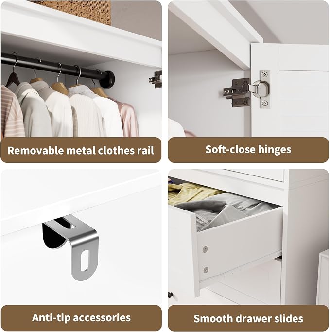 Garvee 70" Wardrobe Armoire Wooden Closet with 2 Doors and 3 Drawers, Bedroom Armoire with Hanging Rod Shelf, Large Capacity Storage Wardrobe Armoire, Freestanding Wooden Closet Storage Cabinet