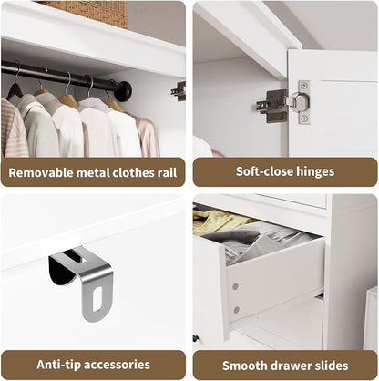 Garvee 70" Wardrobe Armoire Wooden Closet with 2 Doors and 3 Drawers, Bedroom Armoire with Hanging Rod Shelf, Large Capacity Storage Wardrobe Armoire, Freestanding Wooden Closet Storage Cabinet