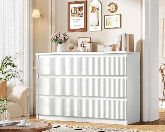 Jocoevol 6 Drawer Fluted Dresser, Modern Chest of Drawers for Bedroom with Hidden Handles, Wood Storage Organizer Cabinet for Living Room & Entryway, White (15.7" D x 47.3" W x 31.6" H)