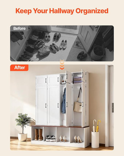 VEVOR Hall Tree with Bench and Shoe Storage, 59" Wide, 4-in-1 Entryway Hall Tree with Bench, Hanging Hooks, Storage Cabinet, and Shoe Cabinet, Wooden Furniture for Mudroom, Entryway, Hallway, White