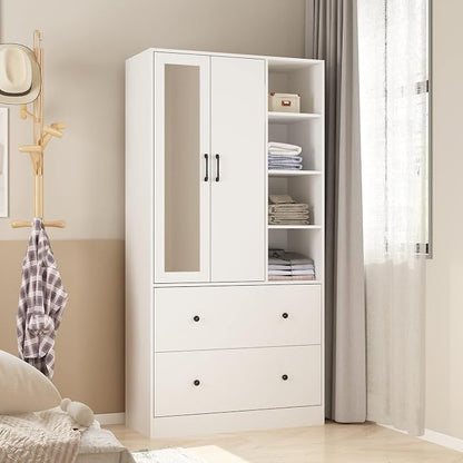 Homsee Wardrobe Armoire Wooden Closet with Mirror, 2 Doors, 2 Drawers, 4 Open Storage Cubes and Hanging Rod for Bedroom, White (35.5”L x 15.8”W x 70.8”H)