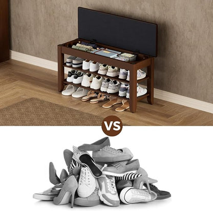 Homleke 2-Tier Solid Wood Shoe Rack Bench with Flip-Top Storage | Entryway Bench with Cushion, Adjustable Shelf, Holds Up to 8 Pairs, for Hallway, Bedroom and Closet, Walnut, 31.5 Inch