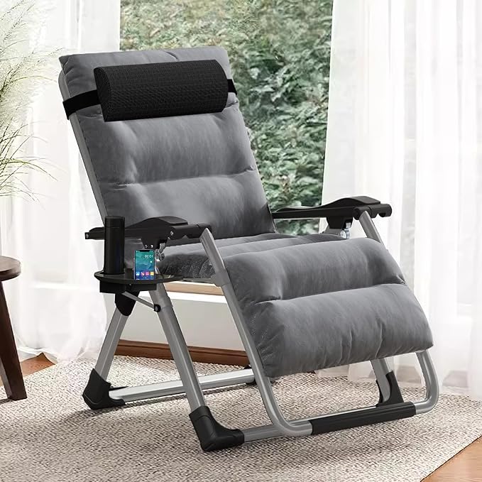 DoCred Zero Gravity Chair, Lawn Recliner, Reclining Patio Lounger Chair, Folding Portable Chaise with Detachable Soft Cushion, Cup Holder, Headrest