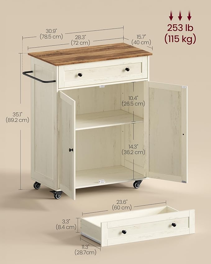 VASAGLE Mobile Kitchen Island, Portable Island on Wheels, Mobile Cart with Storage Cabinet for Dinning Room, 15.8 x 30.9 x 35.1 Inches, Rustic White and Honey Brown UKKI009WJ01S