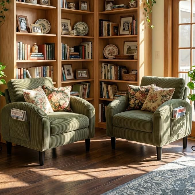 Homkdom Accent Chairs Set of 2,Mid Century Modern Reading Chair with 2 Side Pockets,Upholstered Armchair for Living Room Apartment,Small Room,Green