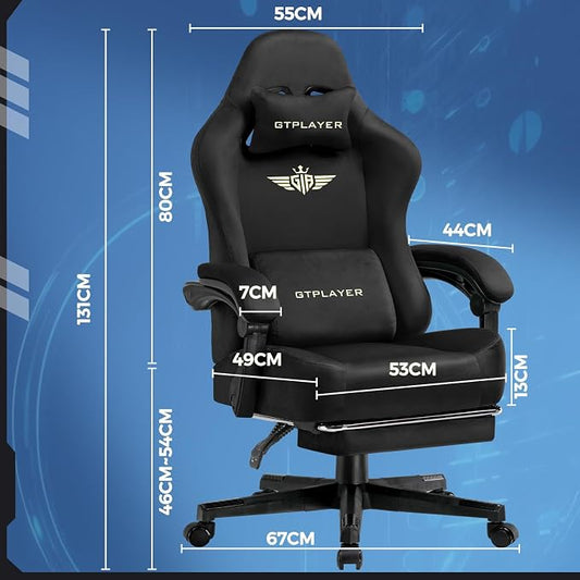 GTPLAYER Gaming Chair Fabric with Pocket Spring Cushion, Big and Tall Gamings Chairs 350LBS High Back Computer Chair with Footrest for Adults Lumbar Support Swivel Game Chair for Office Light Black