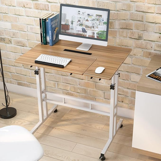 SogesHome 31.5 inches Adjustable Laptop Desk Table, Portable Computer Stand with Cart Tray and Computer Host Stand, Oak