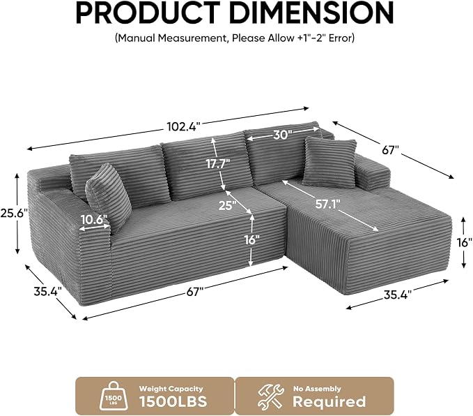 Boneless Couch, 102.4" Sectional Couches for Living Room with L Shape Sofa | Cloud Couch Sectional with Chaise, Modular Cloud Sofa with Deep Seat, No Assembly, Beige, Corduroy, Right Chaise