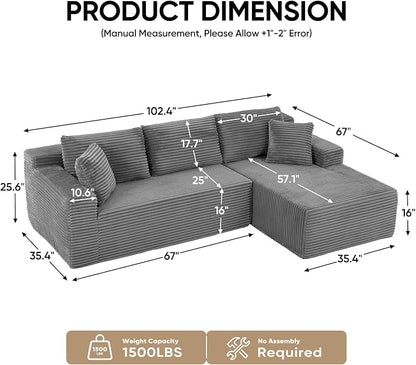 Boneless Couch, 102.4" Sectional Couches for Living Room with L Shape Sofa | Cloud Couch Sectional with Chaise, Modular Cloud Sofa with Deep Seat, No Assembly, Beige, Corduroy, Right Chaise