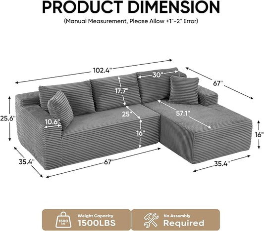 Boneless Couch, 102.4" Sectional Couches for Living Room with L Shape Sofa | Cloud Couch Sectional with Chaise, Modular Cloud Sofa with Deep Seat, No Assembly, Beige, Corduroy, Right Chaise