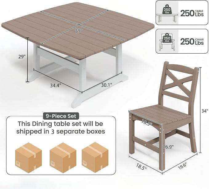 Outdoor Dining Set, HDPE 9-Piece Patio Table and Chairs Set, All-Weather Outdoor Dining Table Set for 8 with Umbrella Hole, Durable Patio Furniture Set with Chairs,White Brown