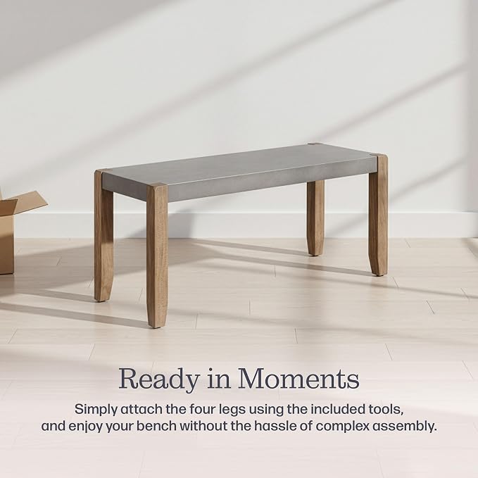 Alaterre Furniture Newport Bench with Faux Concrete Seat and Wood Legs - 40 Inch Entryway Bench with Rustic Industrial Design - Benches for Bedroom, Living Room, Dining Room, and Mudroom