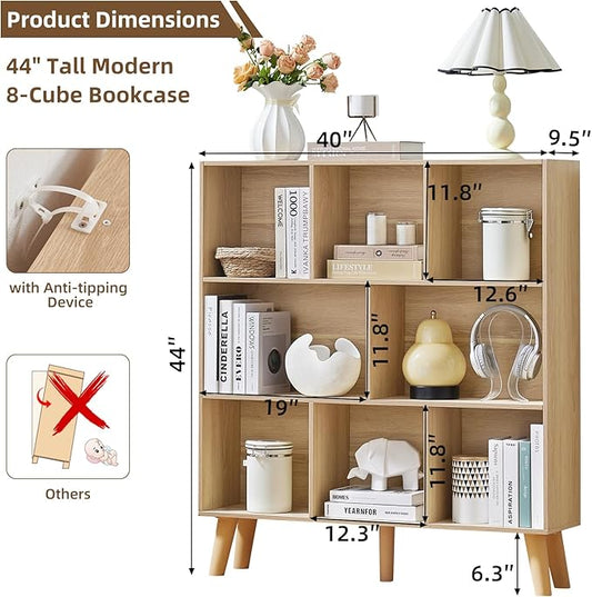 LEYAOYAO 8 Cube Bookshelf,3 Tier Bookcase with Legs,Light Wood Mid-Century Modern Bookshelves,Large Open Storage Organizer Shelf, Wooden Book Case