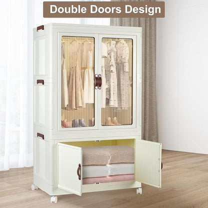 FozsKeylf Stackable Closet Storage Bins, Collapsible Clothes Organizers, Portable Wardrobe Closet with Lids and Doors, Movable Clothes Storage with Coat Hangers, White