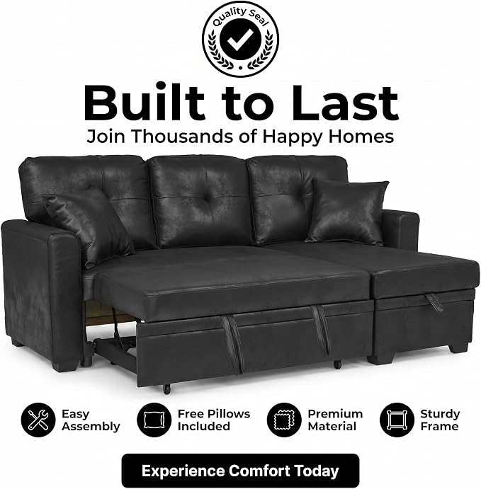 TYBOATLE Convertible Sofa Bed Couch with Reversible Storage Chaise, 71" L Shaped Pull Out Couch Bed, Comfy Linen Fabric Sleeper Sofa for Living Room, Apartment & Guest Room (Black)